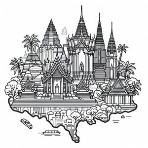 A black and white drawing of a city