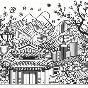 A black and white drawing of a landscape