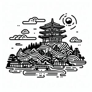 A black and white drawing of a pagoda