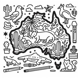 A black and white outline drawing of australia