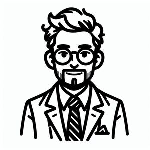 A black and white drawing of a man in a suit