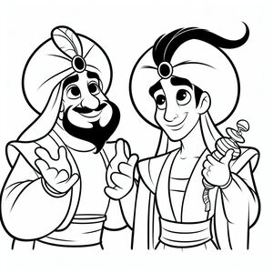 A black and white drawing of two cartoon characters