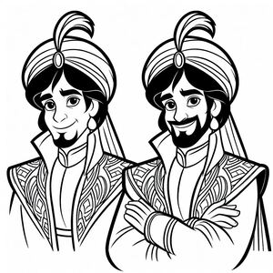 A black and white drawing of two people wearing turbans