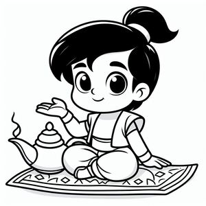 A cartoon girl sitting on a rug with a teapot