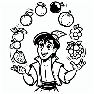 A cartoon character with fruits and vegetables around him