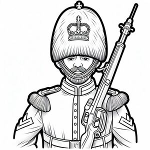 A black and white drawing of a soldier holding a rifle