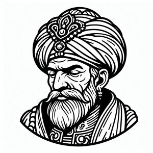 A black and white drawing of a man with a beard