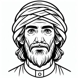 A black and white drawing of a man with a turban
