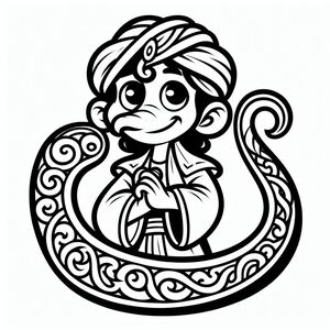 A black and white drawing of a person holding a snake