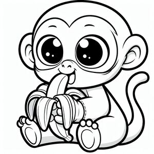 A cartoon monkey eating a banana with big eyes