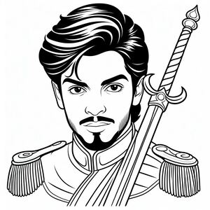 A black and white drawing of a man with a sword