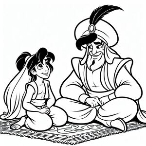 A black and white drawing of a man and a woman sitting on a rug