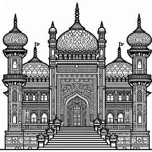 A black and white drawing of a mosque