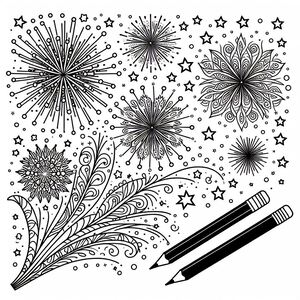 A black and white drawing of fireworks and stars