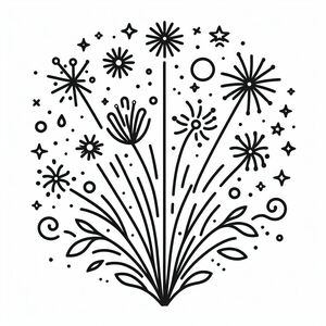 A black and white drawing of fireworks