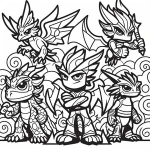 A group of cartoon characters in black and white