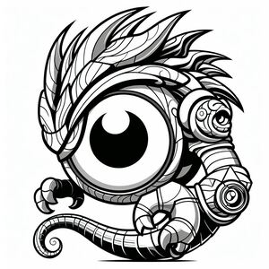 A drawing of an eyeball with feathers on it
