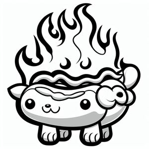 A drawing of a hot dog with flames coming out of it