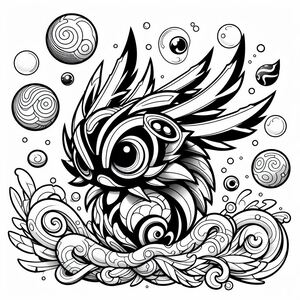 A black and white drawing of an owl with bubbles