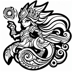 A black and white drawing of a woman with a sword