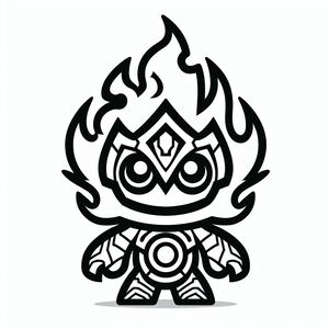A black and white drawing of an owl with flames