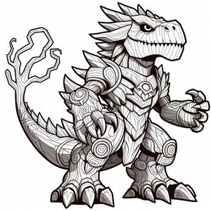 A black and white drawing of a godzilla