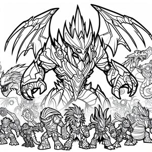 A coloring page of a dragon surrounded by monsters