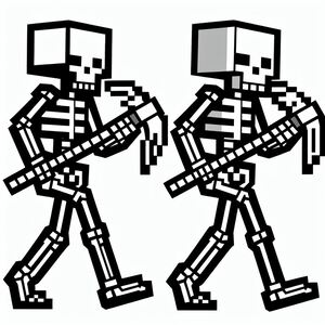 A drawing of a skeleton carrying a box
