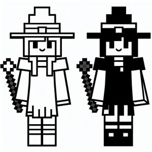 A black and white picture of two pixel characters