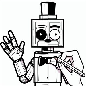 A black and white image of a cartoon robot