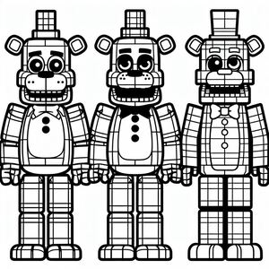 A set of three cartoon characters in black and white