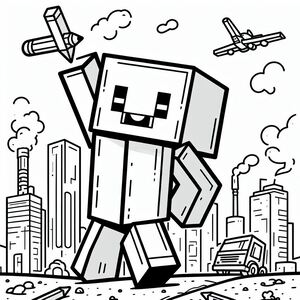 A cartoon character with a plane in the background