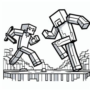 A black and white drawing of two people running