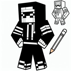 A black and white image of a minecraft character with a pencil