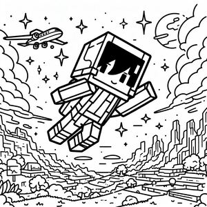 A black and white drawing of a cow flying over a city
