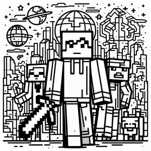 A black and white drawing of a man standing in front of a city