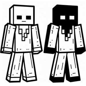 A black and white image of a minecraft character