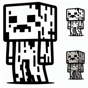 A black and white drawing of a pixel character