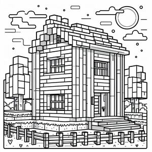 A drawing of a building with a sky background