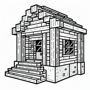 A drawing of a small house with stairs
