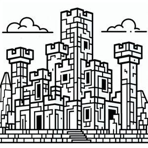 A black and white drawing of a castle