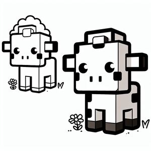 A black and white drawing of a cow and a sheep