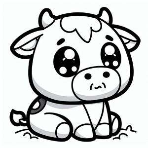 A cartoon cow sitting down with a sad look on its face