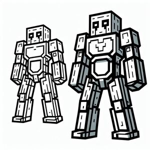 A drawing of a robot and a robot made out of blocks
