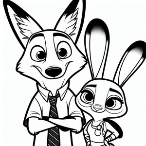 A black and white drawing of a fox and a rabbit