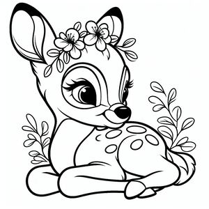 A cartoon deer with a flower in its hair