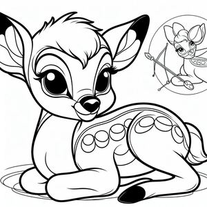 A coloring page of a baby deer laying down
