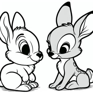 A cartoon rabbit and a rabbit sitting next to each other