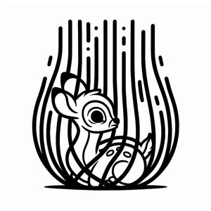 A black and white drawing of a deer