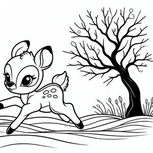 A cartoon deer running through the grass with a tree in the background